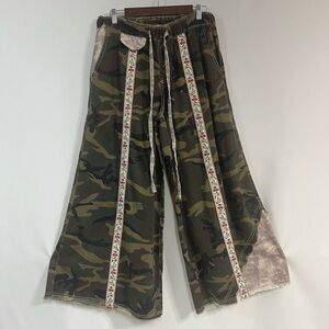 POL Camo Wide-Leg Pants with Floral Trim and Pink Satin Panels